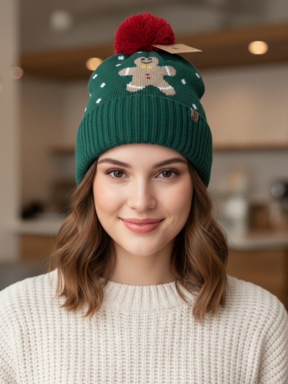 Green Holiday Gingerbread Man Winter Beanie with Red Pom Pom